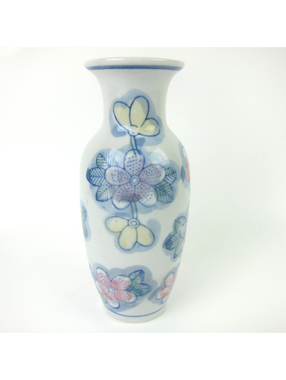Vintage Porcelain Vase Pastel Floral Blue Yellow Pink Flowers 6" Tall Chinese